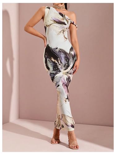 Image of GORGLITTER Women's Long Floral Dress Asymmetrical One Shoulder Sleeveless Bodycon Maxi Dress