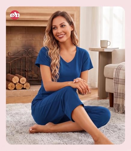 Image of ENJOYNIGHT Womens Pajama Sets Cotton Pj Set Short Sleeve Top With Capri Pants Sleepwear 2 Piece Lounge Set