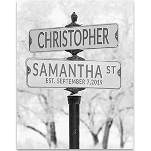 Personalized Wedding Gift Keep Me Warm Street Sign Art Print in Snow Modern Wedding Gift and Engagement Party Display Customized Print with Couples Name and Special Date Black and White Print