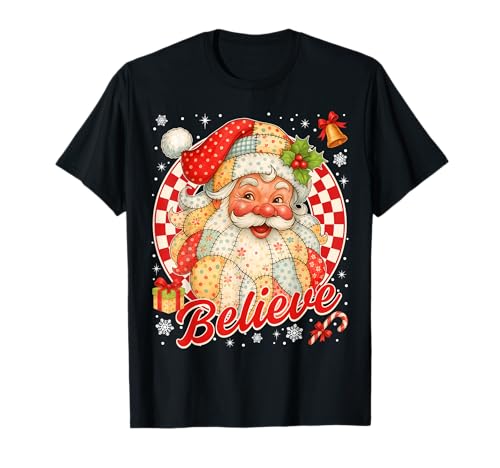 Vintage Santa Claus Believe Patchwork Christmas Women Girls T-Shirt