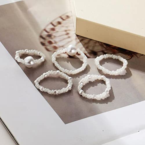 Khaki Retro Simple Off-White Rice Bead Ring Ring White Pearl Rice Bead Ring 5 Piece Set #TOP4