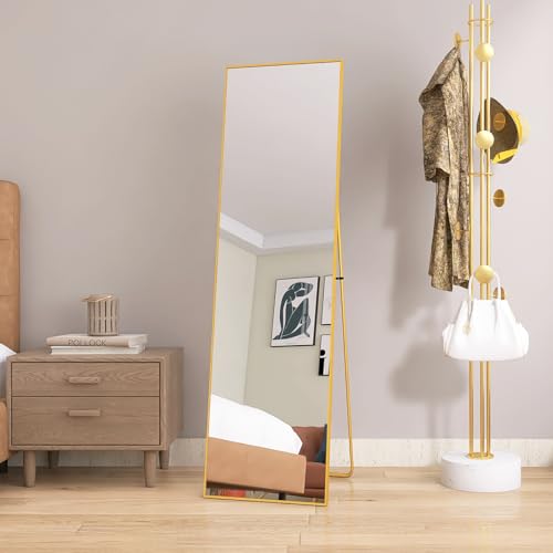 Espejo de pie de 140 x 40 cm, espejo de cuerpo entero, resistente, moderno, grande, de pie o colgante, marco de aleación de aluminio, vidrio templado, para dormitorio, salón (dorado)