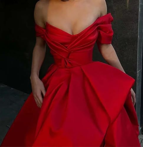 Off Shoulder Satin Prom Ball Gown Long Ruched A Line Fluffy Wedding Formal Evening Party Dress with Slit3