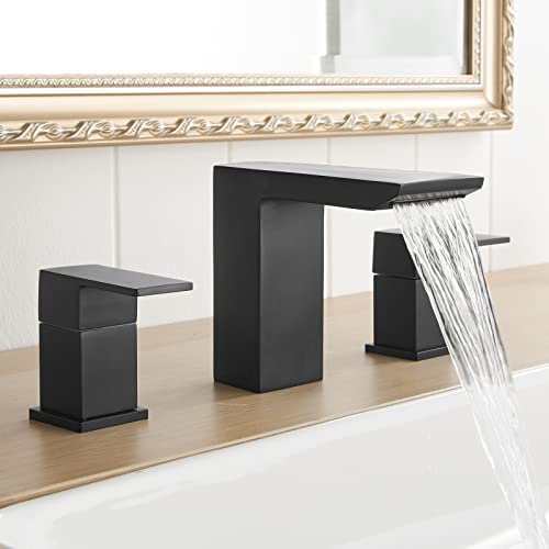 BESy Matte Black Bathroom Faucet 3 Holes Two Handles Lavatory Vanity Sink Faucet Widespread 8 Inch Bathroom Sink Faucet, Waterfall Bathroom Sink Faucet With Supply Hoses, Basin Brass Faucet Mixer Taps