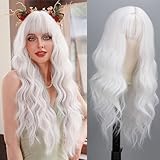TOPHR Long White Wig with Bangs 26 Inch Natural Wavy Heat Resistant Fiber Synthetic Wigs for Women, Red
