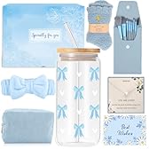 Regali per Ragazze Adolescenti di 9 10 11 12 13 14 anni, Regalo di Compleanno Pasqua per Ragazza Dagli 8 ai 15 Anni, Tazza di Vetro con Coperchio e Cannuccia, Tazza da Caffè con blu Stampa Fiocco