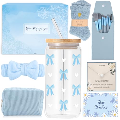 Cadeaux pour filles adolescentes 9, 10, 11, 12, 13, 14, 15 ans, cadeau d'anniversaire pour fille, gobelet en verre, verre avec paille et couvercle, pinceau de maquillage, trousse de maquillage