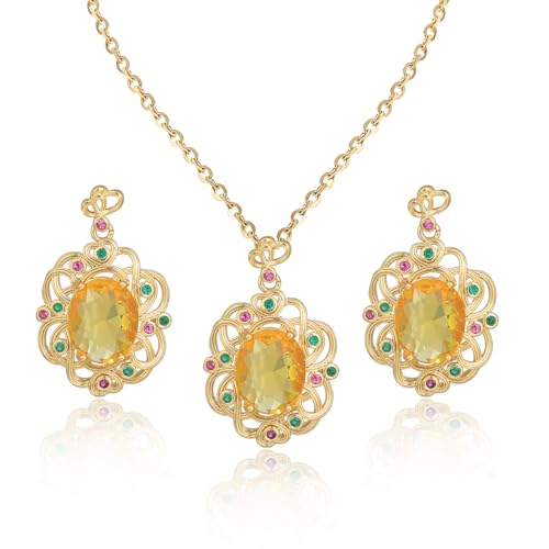 Mycitta Citrine CZ Jewelry Set Women - Fashion 16k Gold Plated Yellow Cubic Zirconia Crystal Dangle Earrings Necklace Set Wedding Party Prom Bride Bridesmaids Birthday Gift