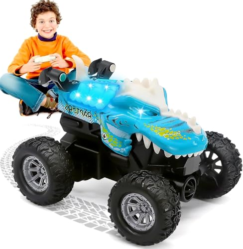 DELEE Voitures télécommandées, jouet de voiture RC avec yeux LED Mini voiture de cascade Cadeau d'anniversaire pour garçons de 3, 4, 5, 6, 7, 8 ans Jouets pour enfants de 3 à 12 ans (Bleu)