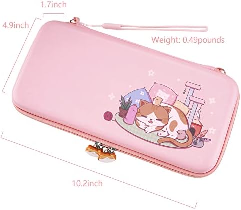 PlayVital Pink Cute Carrying Case for Nintendo Switch & Switch OLED,   Thumb Grip Caps + Kitten & Chicken Slim Travel Case for Switch,  Portable Hardshell Girl Storage Case for Switch Game Accessories