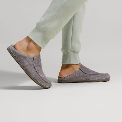 Image of OluKai Moloa Hulu Men's Wool-Blend Slippers, Soft & Heathered Knit Slip On Shoes, Suede Leather Foxing, Drop-In Heel Design