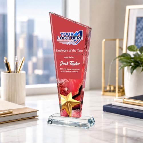 Image of Custom Crystal Trophy Award Personalized Plaque Award with Text Logo Photo Awards Trophies for Employee Recognition Team Graduation Personalized Office Gifts for Boss Coworker Teacher