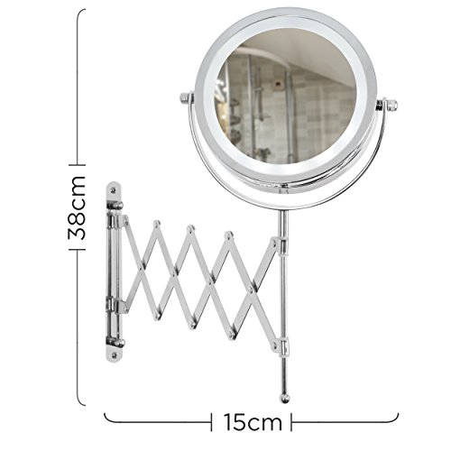 Adjustable and Extendable Round Chrome Battery Operated Magnifying Bathroom LED Illuminated Make Up Cosmetic Shaving Vanity Wall Mounted Mirror Light