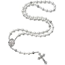 Rnivida Catholic Pearl Beads Rosary for Women, Rosary Necklace with Miraculous Medal & Cross, Religious Rosaries Jewelry Gifts