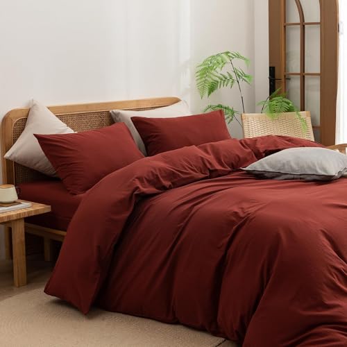 Image of BESTOUCH Cotton Solid Duvet Cover Set Fired Brick Red Super King Plus | 100% Washed Cotton, Soft Wrinkle Texture, Hidden Zipper, 8 Ties, Breathable Lightweight Durable Comfy, 3 Pcs No Insert