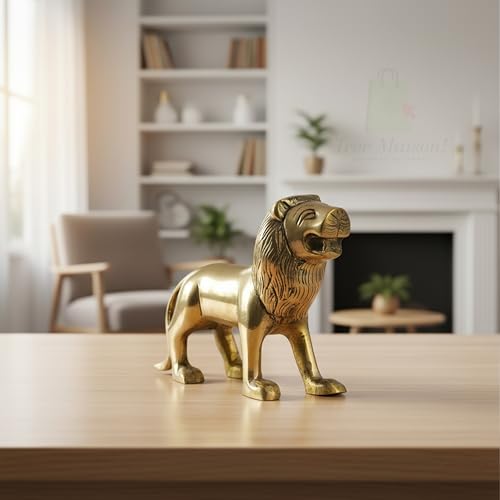 Image of Brass Lion Statue | Weight - 752 G (Approx) | Size-5 Inch Approx | Vastu Remedy | Zonal Placement -North-North-East | Lion Statue for Home Decor | Showpiece