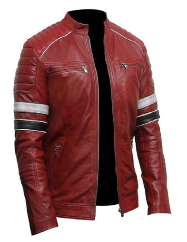 Image of Men's Leather Jacket Cafe Racer Biker Style Retro Stripes Jacket, Motorcycle Racing Leather Jacket Men