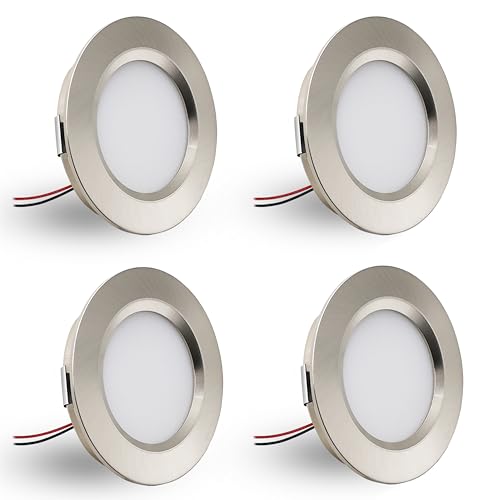 DYKUWEY Set di 4 Faretti led da incasso per cartongesso,12V 3W faretti led soffitto,Faretto LED foro 55mm ultrasottile14mm,IP44 faretto da incasso per cucina bagno,camper (Nichel,bianco Caldo 3000K)
