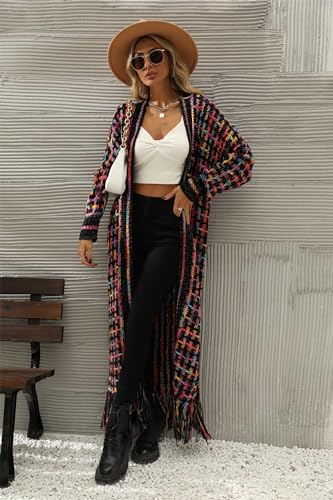 Womens Boho Cardigan Sweater Maxi Long Colorful Fringed Tassels Knitted Cardigan Jacket Outwear2