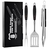 Grilaz Stainless Steel BBQ Tool Set | Dark-Dyed Wood Handles | Heavy Duty Grilling Accessories | 3-Piece Outdoor Barbecue Grill Utensil Set with Spatula, Fork, and Tongs - Ideal Gift for Menβ¦