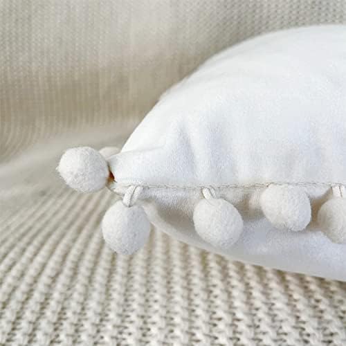 Pack of 2 Throw Pillow Covers with Pom Poms Soft Particles Velvet Solid Cushion Covers 18 X 18 inch for Couch Bedroom Car Home Decoration (Beige)
