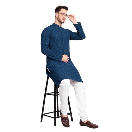 Image of Rayon Ethnic Wear Full Chikankari Sequin Embroidery Mirror Work Traditional Straight Kurta Pyjama Set for Men