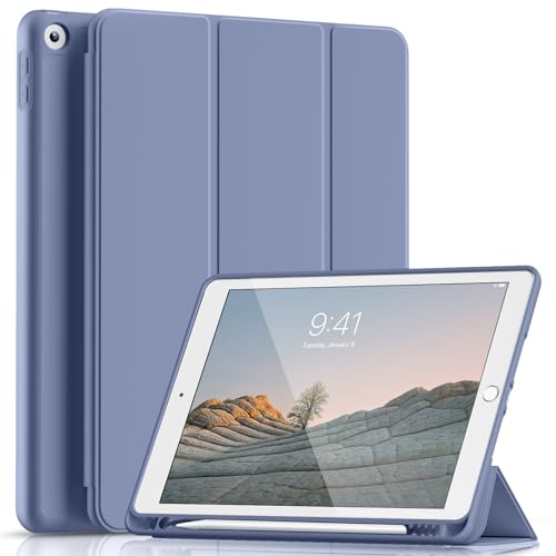 Lsmmpoba Hülle für iPad 9. / 8. / 7. Generation mit Stifthalter 10.2 Zoll Modell 2021/2020 / 2019 Ultradünne Schutzhülle aus TPU mit Standfunktion für iPad 10.2 Blau grau