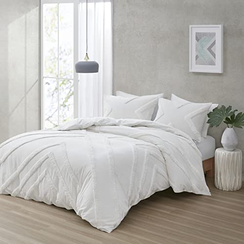 Image of Urban Habitat Beck Cotton Comforter Set - Chenille Tufted Geometric Design Modern Bedroom Decor, All Season Bedding with Matching Sham, Full /Queen, Ivory 3 Piece