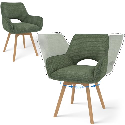 JIJIAN Lot de 2 Chaises de Salle à Manger Pivotantes à 360° avec Accoudoirs et Pieds en Bois, Chaise Moderne Rembourrée avec Dossier en Tissu pour Cuisine,...