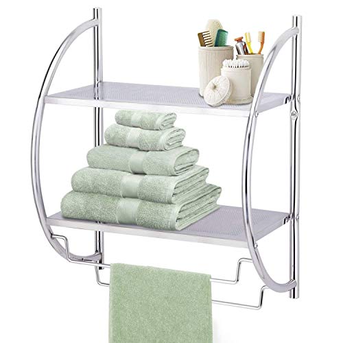 Taylor & Brown 2 Tier Modern Chrome Wall Mounted Curved Bathroom Shelf Shelving Unit With Double Towel Holder Storage Rail Rack - W44 x D25 x H54.5cm