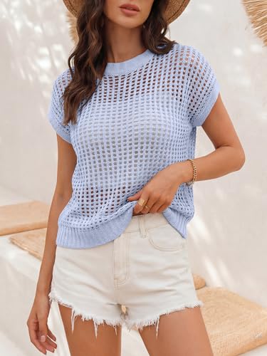 Image of ANRABESS Short Sleeve Sweater for Women Summer Crochet Knit Tops