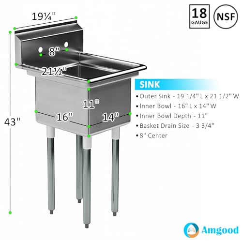 Image of AmGood Stainless Steel Prep & Utility Sink | 304 Stainless Steel | Restaurant, Kitchen, Laundry, Garage | NSF (Bowl Size: 16 inch x 14 inch No Faucet)
