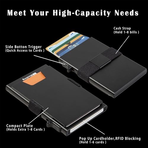 Minimalist Mens Card Holder Wallet, RFID Blocking Slim Smart Pop Up Aluminum Wallet,Holds 12+ Cards,Expandable Compact Plate,Cash Strap/Money Clip (Black)3