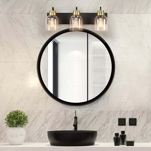 Image of Globe Electric 22 inch 3-Light Matte Black Vanity Light with Matte Brass Accents and Glass Shades