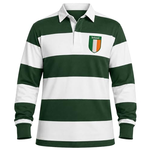 Ireland Rugby Shirt Embroidered Ireland Crest Badge Long Sleeve Polo Shirt Irish Jersey (US Alpha XX-Large Regular Regular Green/White)