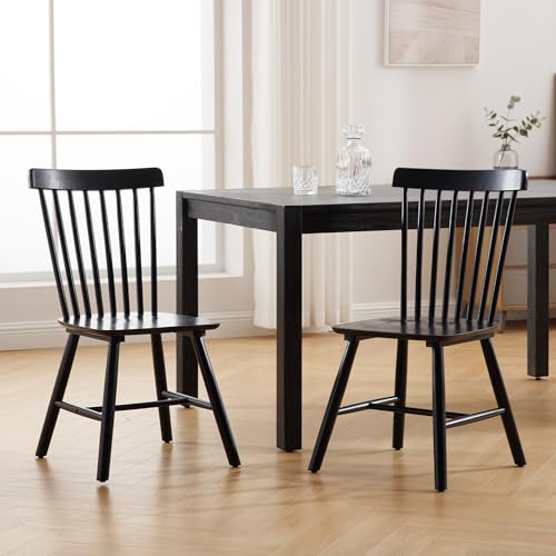 LZAREAL Farmhouse Dining Chairs Set of 2 Wooden Kitchen Chairs Mid Century Modern Spindle Chair French Country Windsor Dining Chairs for Dinning Room Kitchen Restaurant Bar Canteen Library, Black