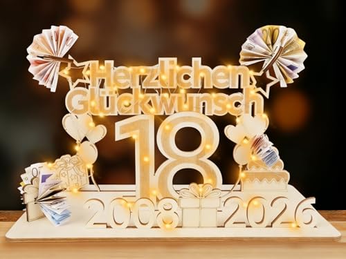 ARTREE 18 Geldgeschenke Geburtstag Mädchen & Jungen, 2026 Holz Schild Gästebuch mit LED Lichterkette, Personalisiertes Geschenke zum 18 Geburtstagszahlen, Geburtstag Deko, Herzlichen Glückwunsch