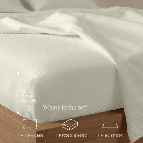 Image of Threadmill 300 Thread Count Cotton Twin Sheet Set, Sateen, Jacquard, Ivory | 100% Cotton, Sateen Weave, Jacquard Pattern, 3-Piece Set, 16 inch Deep Pocket, Cooling, Breathable, OEKO-TEX Certified