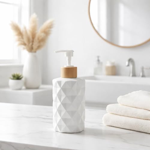 Image of Luxe Home International Faceted Pattern Glass Soap Dispenser for Bathroom and Kitchen Sink Leak Proof Liquid Hand Wash Round Bottle Lightweight Matte Finish (17.5x7.5 cm White) Pack of 1