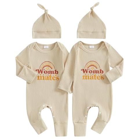 YOKJZJD Newborn Baby Girl Boy Twins Matching Outfits Womb Mates Knitted Romper Mitten Cuffs Jumpsuit with Hat Fall Clothes (Apricot, Newborn) Cover