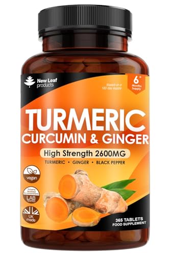 Turmeric Tablets 2600mg High Strength with Black Pepper & Ginger (6 Months Supply) Active 95% Turmeric Curcumin Supplements 365 Tablets Not Capsules, Vegan, UK Made by New Leaf