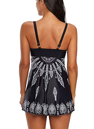 LAMISSCHE Womens Spaghetti Strap Bathing Suit Dress Printed Padded Tank Top Tankini Swimsuits(Two-Piece Black,L)