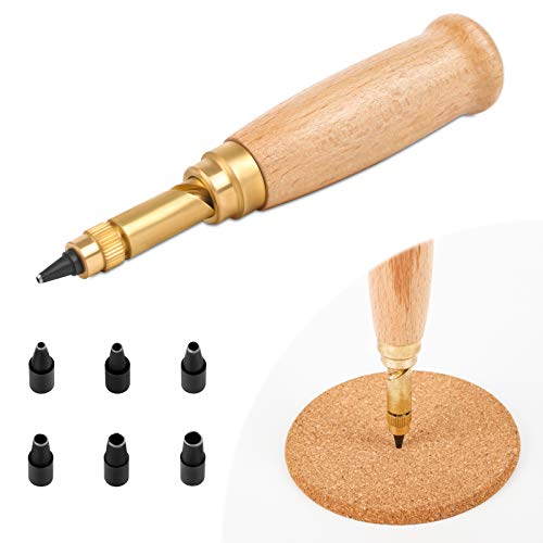Japanse schroef gat pons, schroef gat perforator met houten handvat, 6 tips maten: 1.5mm, 2mm, 2.5mm, 3mm, 3.5mm, 4mm voor naaien lederen papier boekbindingstool