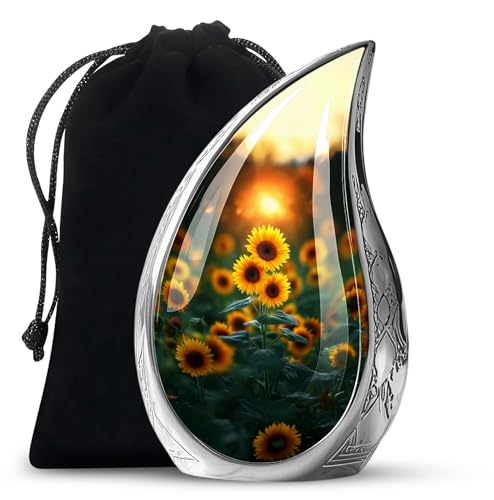 Image of Sunset Sunflower Urns for Human Ashes - Teardrop Urn for Human Ashes Adult - Yellow Sunflower Urn for Adult Male and Female - Cremation Urns for Men and Women 10inch