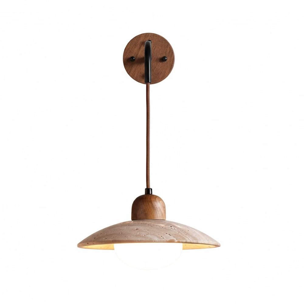 NHPJFDC Travertine Wall Sconce, Natural Stone & Wood Adjustable Pendant Wall Light with Frosted Glass Globe Shade, Mid-Century Farmhouse Aesthetic Ambient Lighting for Bedroom