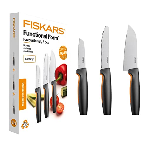Fiskars kitchen knife set, 3-piece, Functional shape, Includes chef’s knife (small), tomato knife, paring knife, Japanese stainless steel/plastic, 1057556, Silver/Black/Orange