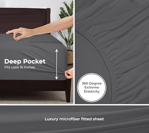 Image of Royale Linens Fitted Sheet King - Ultra Soft 1800 Brushed Microfiber - Hotel Luxury Bottom Sheets - Wrinkle Free & Fade Resistant - Deep Pocket Fitted Sheet Only (King, Grey)