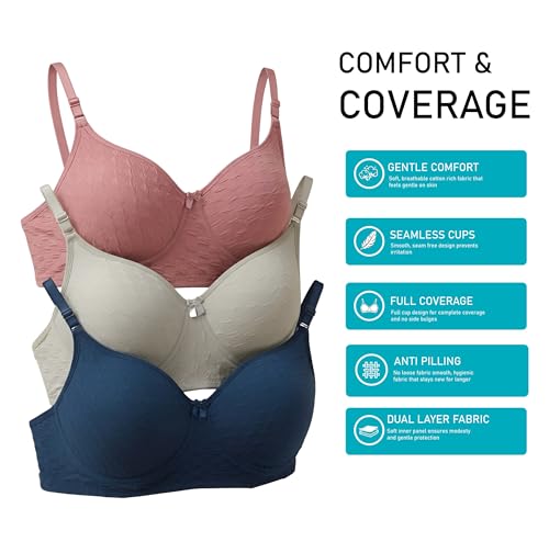 Image of Women's Pure Cotton Blend Lightly Padded Bra (Pack of 3) | Full Coverage Wirefree T-Shirt Bra | Soft Breathable Everyday Bra | Adjustable Straps | Comfortable Multicolor Bra