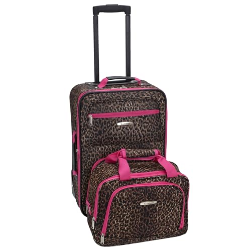 Rockland Fashion Softside Upright Luggage Set, Expandable,Lightweight,Telescopic Handle,Wheel, Pink Leopard, 2-Piece (14/19)