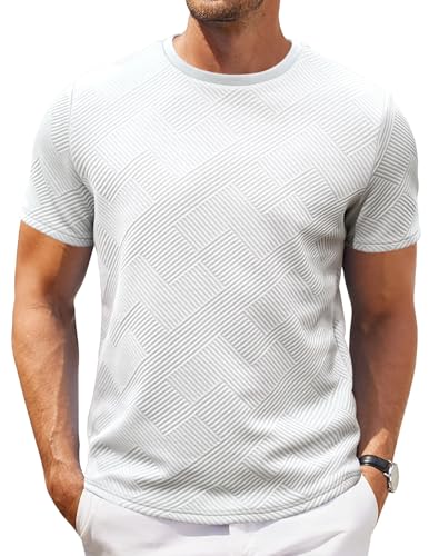 Halfword T-Shirts Herren Rundhals Kurzarm Atmungsaktiv Texturiert Tee Shirts Muscle Fit Casual Sommer Weiß L